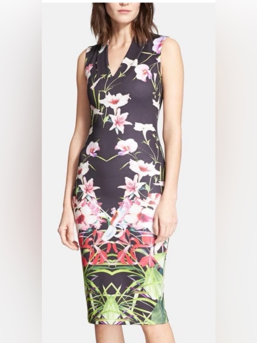 Ted Baker Black Floral V-Neck Sleeveless Dress